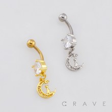 DANGLE CRESCENT MOON WITH CAT STAR BELLY BUTTON NAVEL RING 316L SURGICAL STEEL 